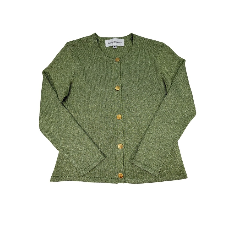 Steven Stolman Green Metallic Lurex Cardigan Gold Button Medium USA Vintage